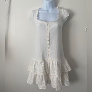 Betsey Johnson White Scoop Neck Ruffled Eyelet Button Front Mini Dress NWT